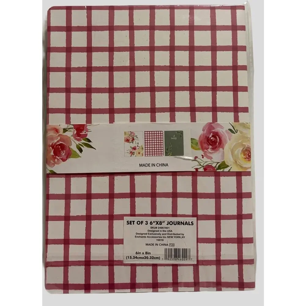 Enchanté Floral Journals Set of 3 6x8 Notebooks Farmhouse Rose Plaid New